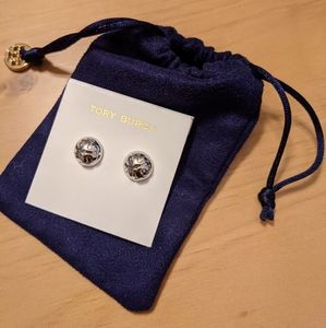 Tory Burch silver circle logo stud earrings NWOT